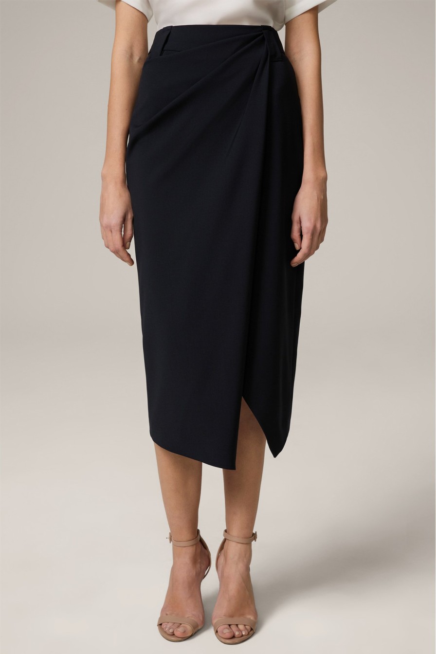 Hot Windsor Virgin Wool Midi Skirt With Wrapover Detail In Navy