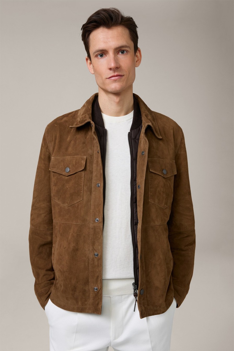 Best Windsor Cossato Goatskin Suede Leather Shirt Jacket With Inlay In Tobacco