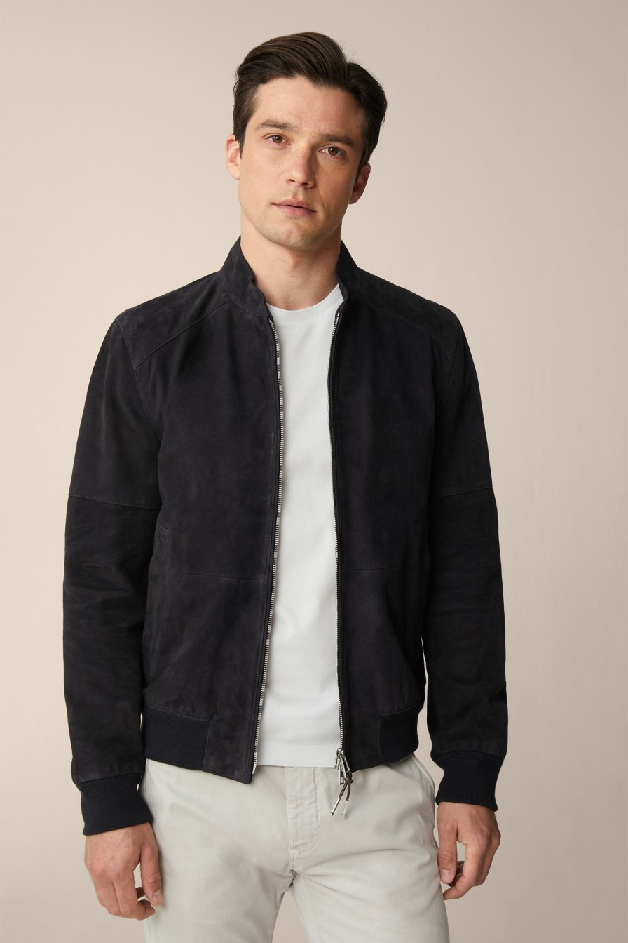 Best Windsor Borello Goatskin Suede Leather Bomber Jacket In Navy