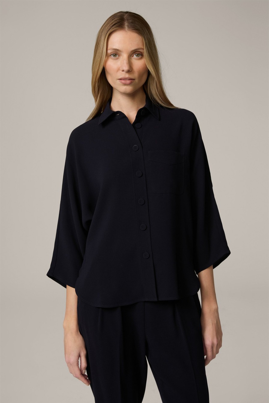 Hot Windsor Crepe Blouse With Shirt Collar, Oversized, In Navy