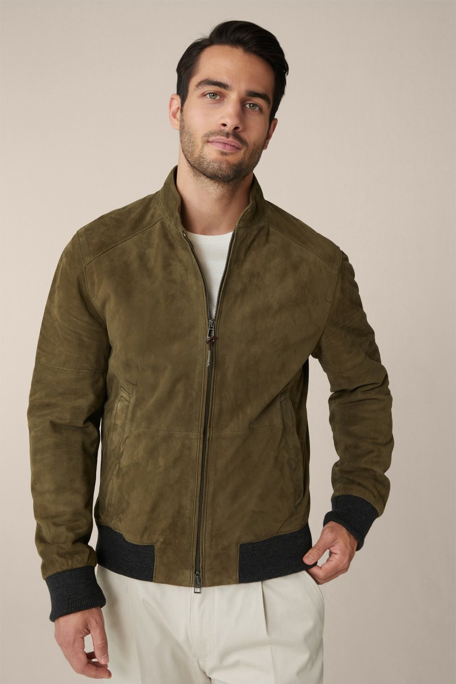 Hot Windsor Borello Goatskin Suede Leather Bomber Jacket In Olive