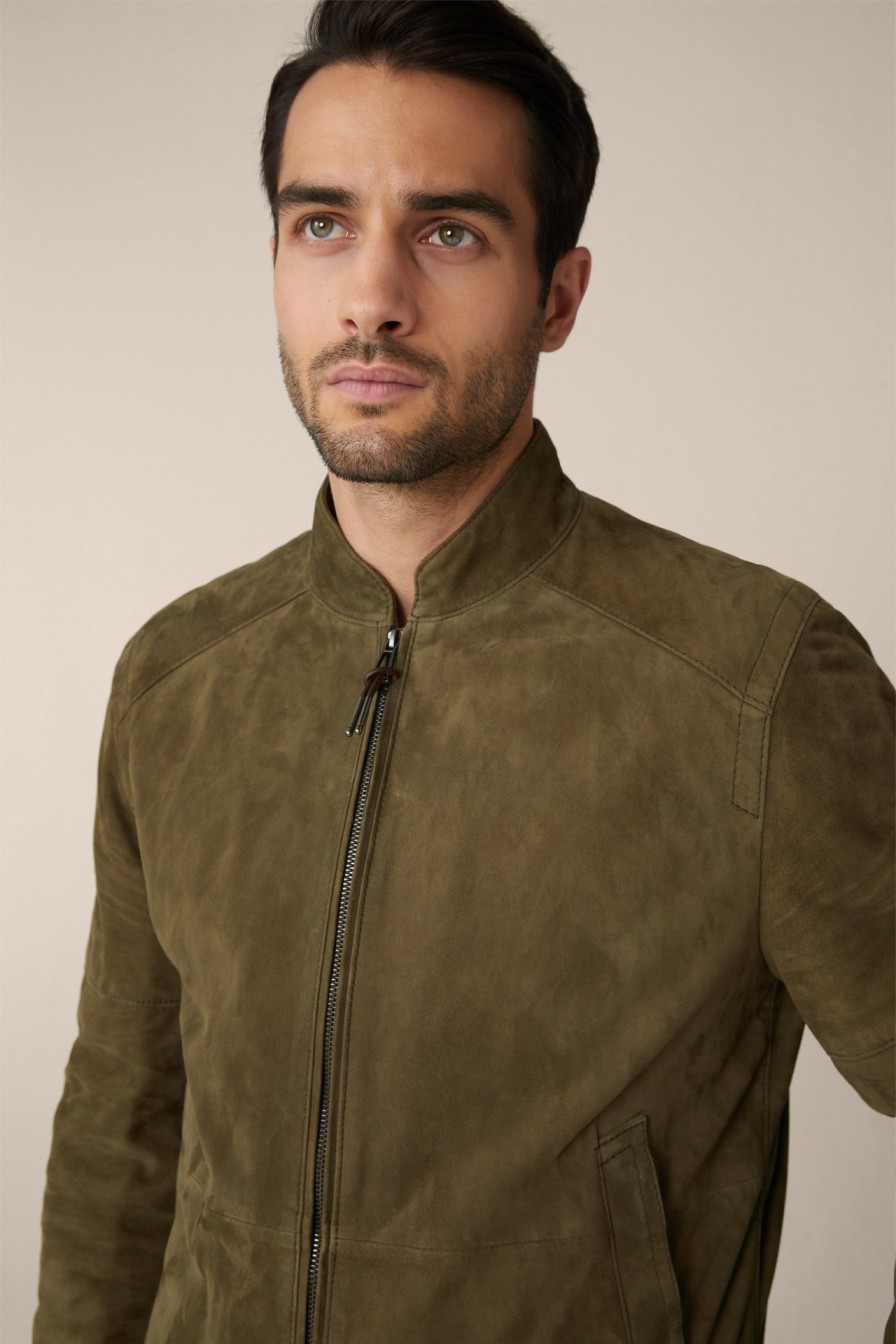 Hot Windsor Borello Goatskin Suede Leather Bomber Jacket In Olive