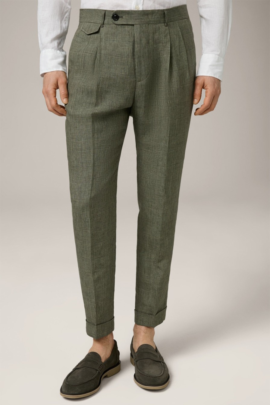 Hot Windsor Sapo Modular Pleated Linen Trousers In A Green Pattern